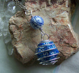 Blue D20 Caged Gamer's Dice Tao Character Shou Bead Pendant Necklace