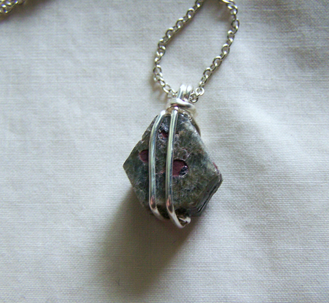 Natural Green Sapphire Corundum Red Hematite Wire Wrapped Pendant