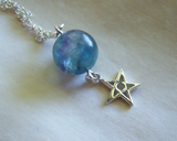 Sterling Silver Star Blue Rainbow Fluorite Crystal Ball Pendant