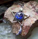 Silver Star Lampwork Glass Moon and Stars Pendant Necklace