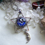 Silver Star Lampwork Glass Moon and Stars Pendant Necklace