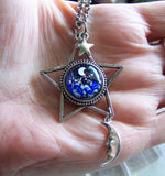 Silver Star Lampwork Glass Moon and Stars Pendant Necklace