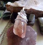 Strawberry Calcite Natural Crystal Wire Wrapped Pendant Necklace