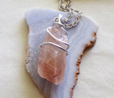 Strawberry Calcite Natural Crystal Wire Wrapped Pendant Necklace