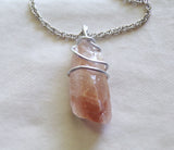 Strawberry Calcite Natural Crystal Wire Wrapped Pendant Necklace