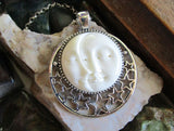 Sun and Moon Face Natural Carved Bone Pendant Necklace