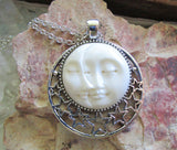 Sun and Moon Face Natural Carved Bone Pendant Necklace