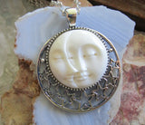 Sun and Moon Face Natural Carved Bone Pendant Necklace