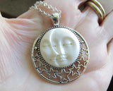 Sun and Moon Face Natural Carved Bone Pendant Necklace