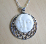 Sun and Moon Face Natural Carved Bone Pendant Necklace