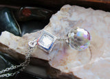 Swarovski Aurora Borealis Crystal Disco Ball Silver Cube Cage Pendant Necklace