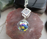 Swarovski Aurora Borealis Crystal Disco Ball Silver Cube Cage Pendant Necklace