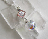 Swarovski Aurora Borealis Crystal Disco Ball Silver Cube Cage Pendant Necklace