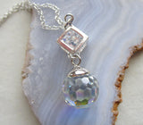 Swarovski Aurora Borealis Crystal Disco Ball Silver Cube Cage Pendant Necklace