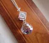 Swarovski Aurora Borealis Crystal Disco Ball Silver Cube Cage Pendant Necklace