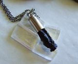 Natural Black Tektite Stone Silver Bullet Jewelry Pendant Necklace