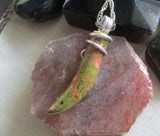 Unakite Natural Carved Stone Horn Wire Wrapped Pendant Necklace