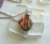 Unakite Natural Pink and Green Gemstone Wire Wrapped Pendant Necklace