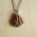 Unakite Natural Pink and Green Gemstone Wire Wrapped Pendant Necklace