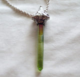 Silver Wolf Head Green Aura Quartz Crystal Pendant Necklace